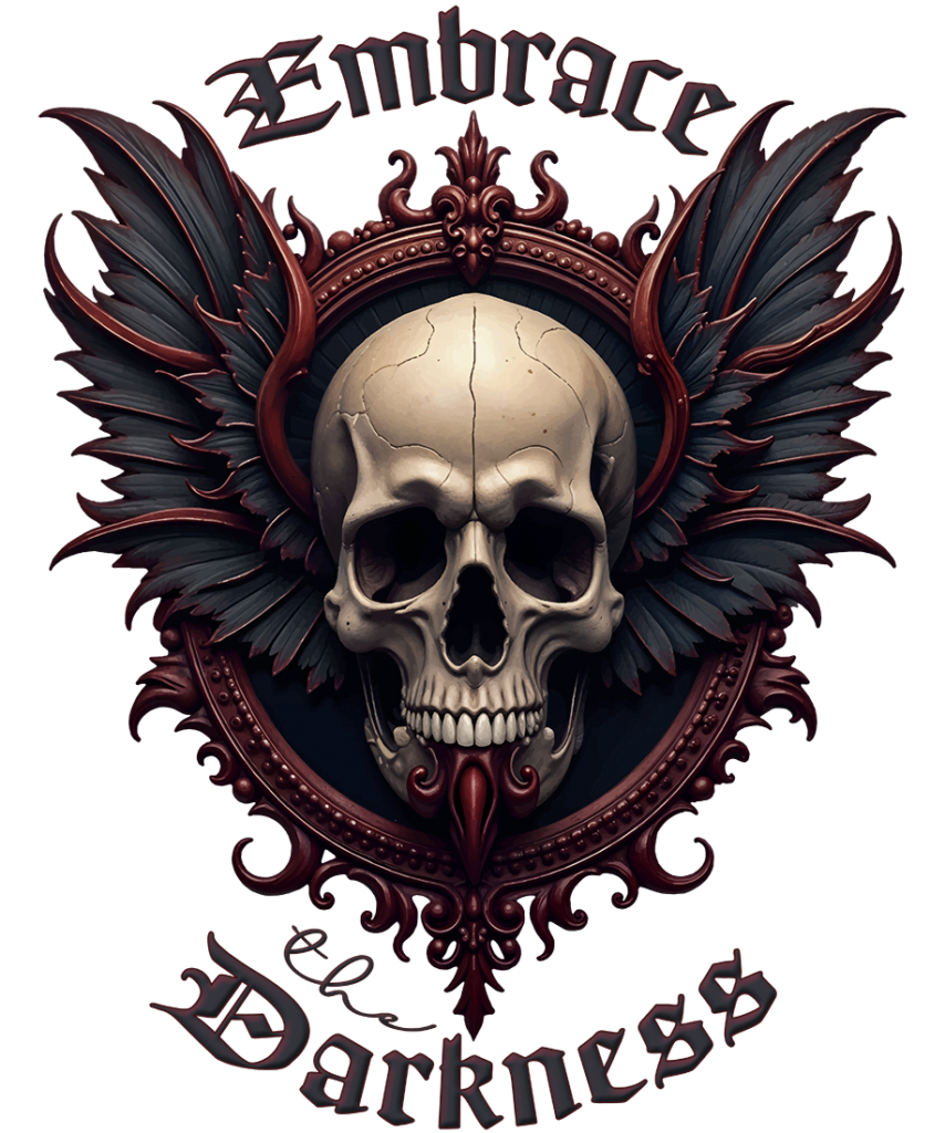 tee shirt gothique embrace darkness crane skull tete mort ailes baroque 2