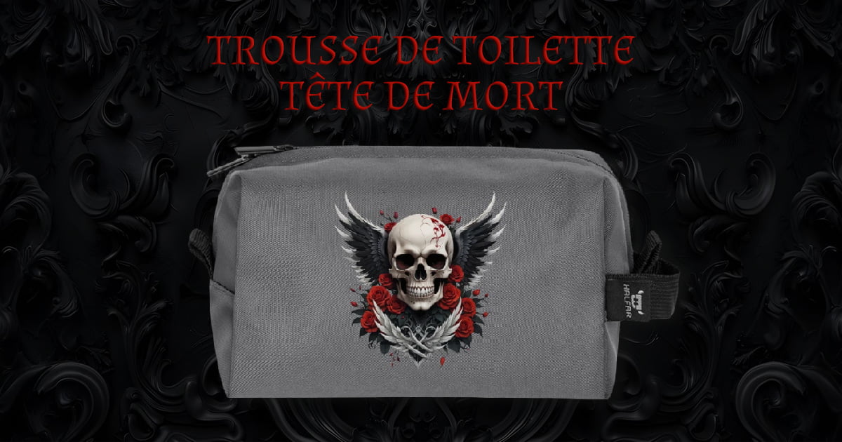 cadeau tête de mort trousse de toilette tete de mort ailes roses rouges gothique cadeau utile original pas cher gothique skull
