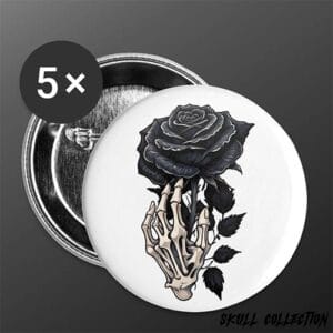 badge gothique squelette main rose noire