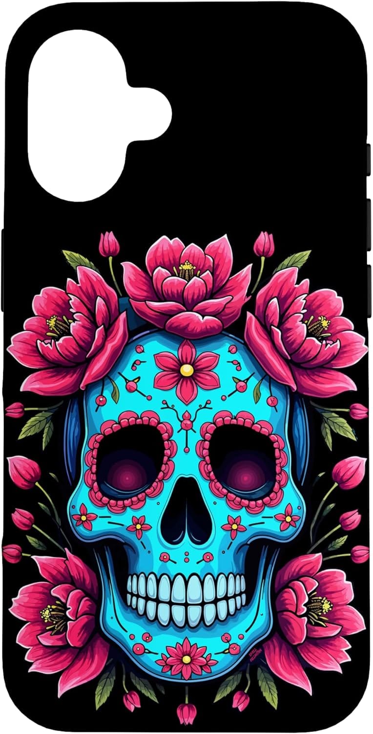 coque iphone tete de mort mexicaine sugar skull bleu fleurs roses cadeau