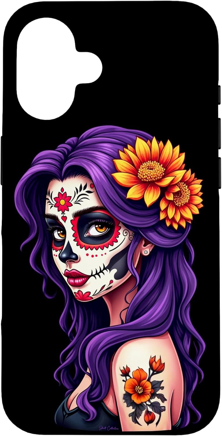 coque iPhone 8 9 XE 11 12 13 14 15 16 tete de mort mexicaine sugarskull femme visage maquillage dia de los muertos violet