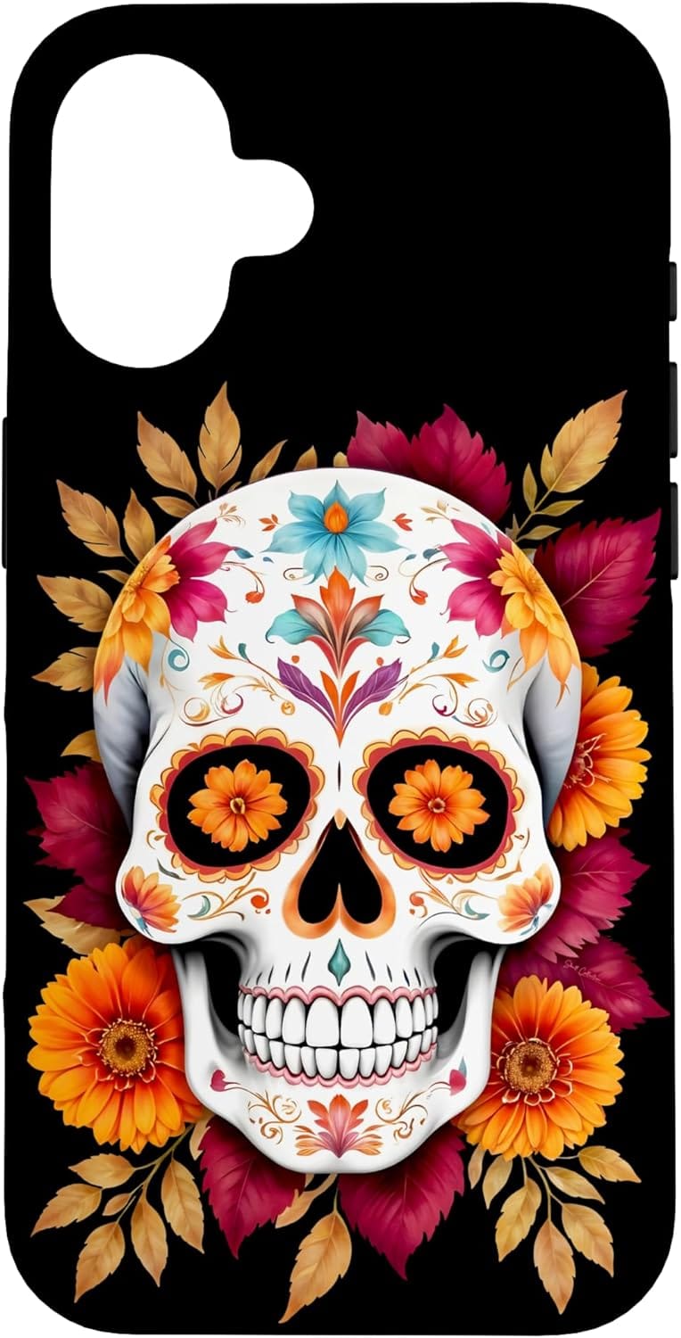 coque de protection iphone tete de mort mexicaine sugarskull fleurs cadeau dia de los muertos compatible mag safe
