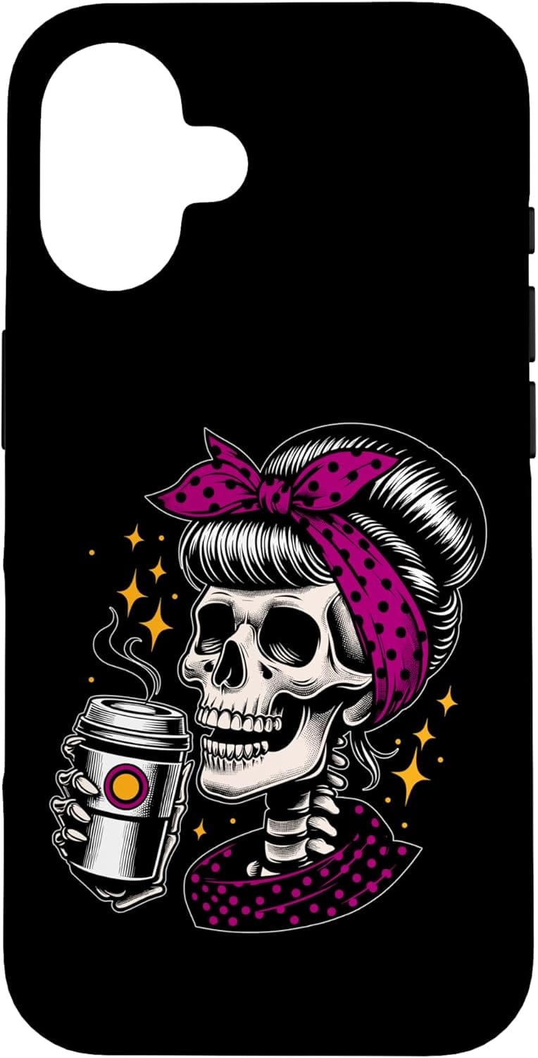 coque iphone tete de mort pinup buvant un cafe skull cadeau 1l