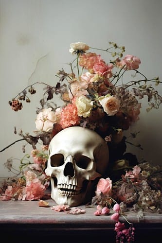 decoration tete de mort fleurs roses