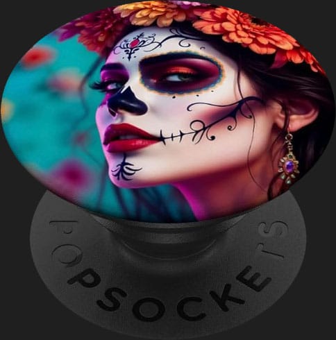 popsockets dia de los muertos tête de mort mexicaine sugar skull visage fleurs rose cadeau calavera accessoire telephone popgrid adhésif magnétique