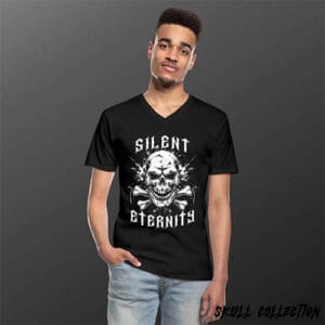 t shirt col v homme noir tete de mort gothique skull silent eternity